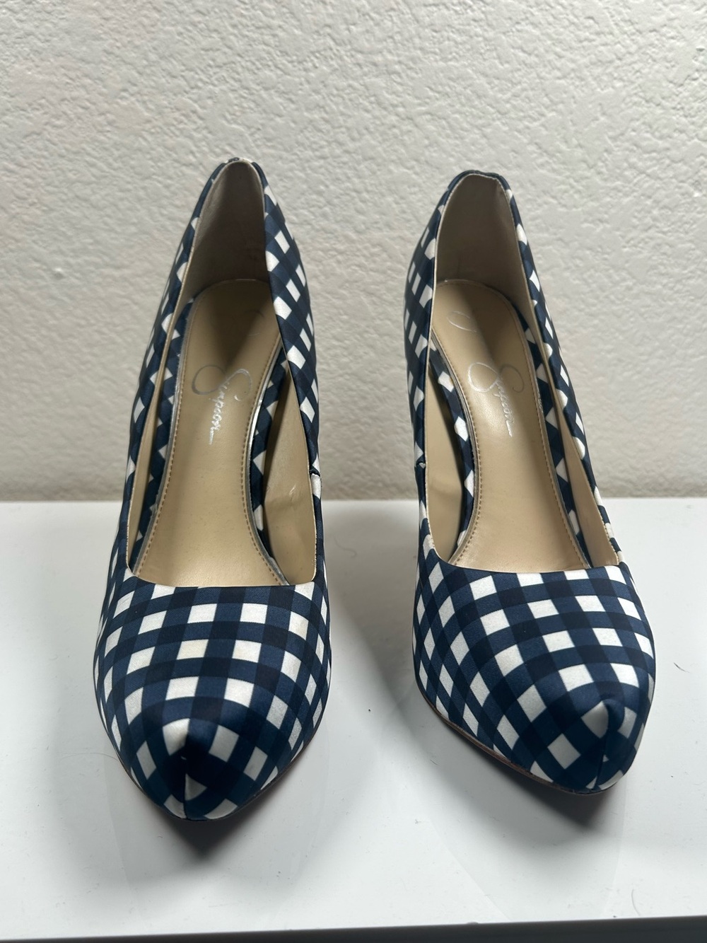 Jessica Simpson Navy and White Gingham Pointed-Toe Pumps